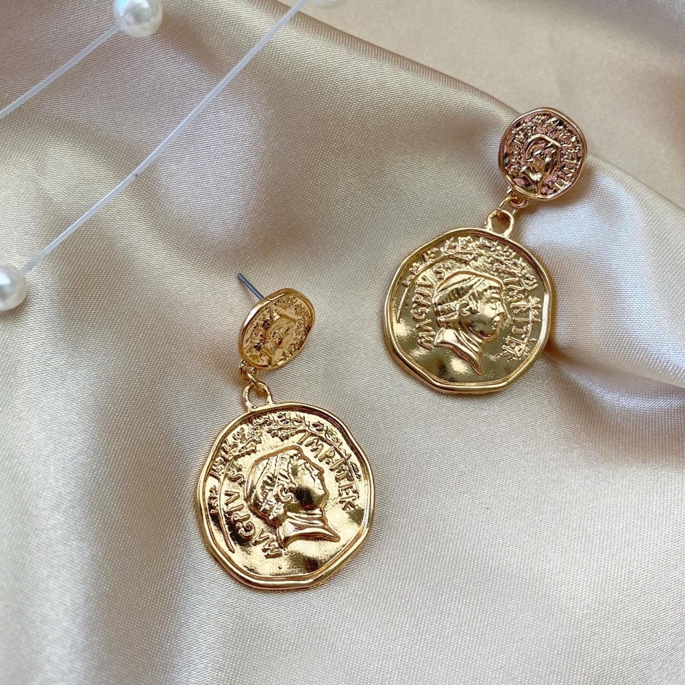 Golden Portraits Coins Statement Earrings - Picture 6 of 9